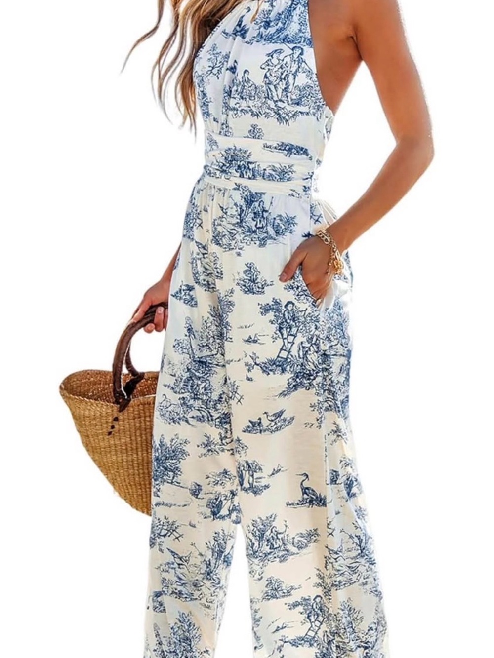 Cupshe Blue & White Halter Wide-Leg Jumpsuit